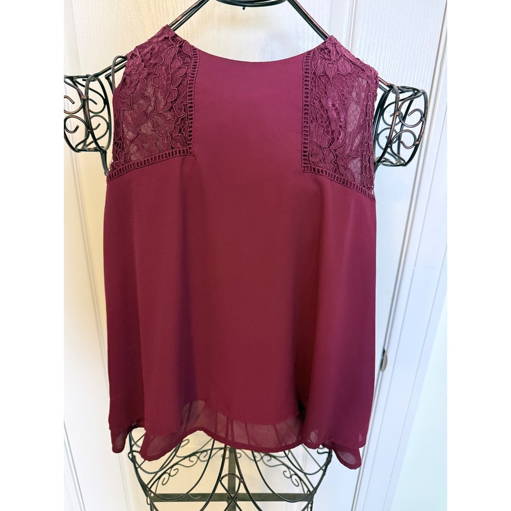 Elodie Womens Burgundy Lace Yoke Sleeveless Chiffon Blouse Top Size Large Chic